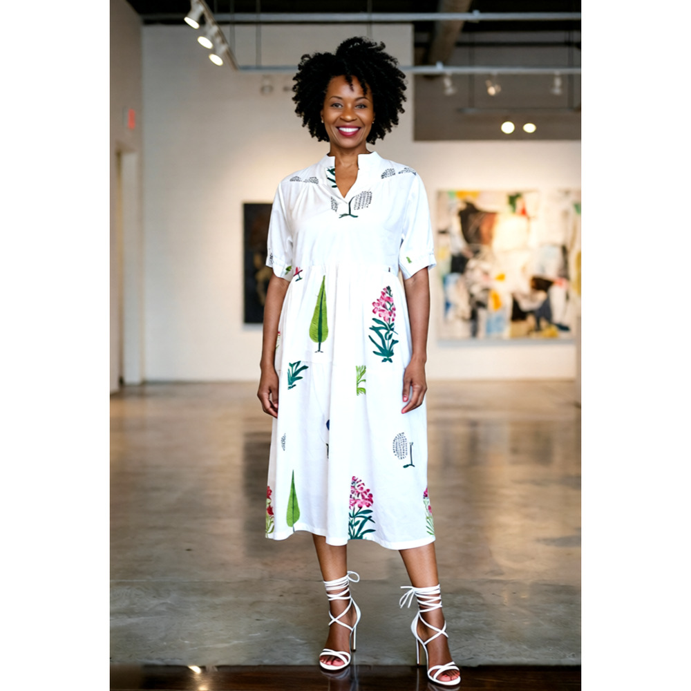 Hibiscus Linens White Botanical Print Cotton Dress Fully Lined with Pocket S